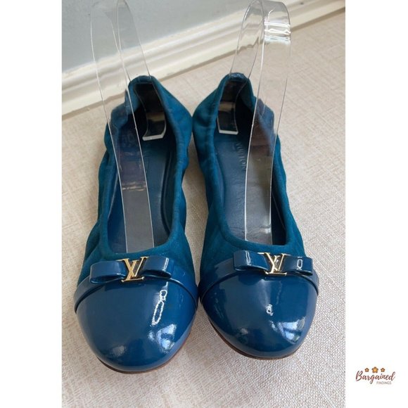 Authentic Louis Vuitton Blue Green Suede Patent Elba Elastic Ballerina Flats 7 - Picture 10 of 13